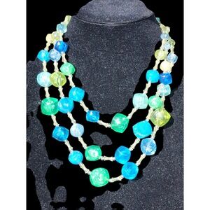 VTG West Germany Triple Strand Faceted Blue Green Bead  Necklace READ